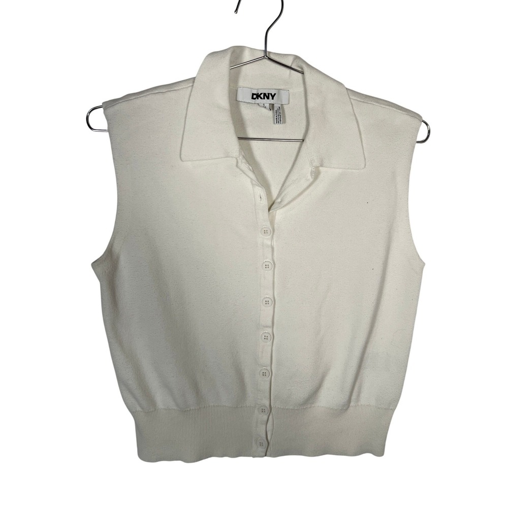 DKNY White Sleeveless Knit Button Down Collared Crop Vest Top Small
